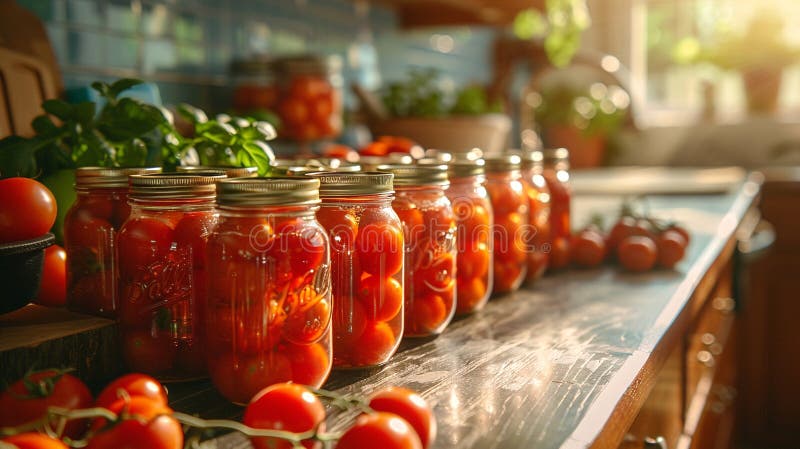 A close-up of canning jars filled with ripe red tomatoes in a cozy kitchen