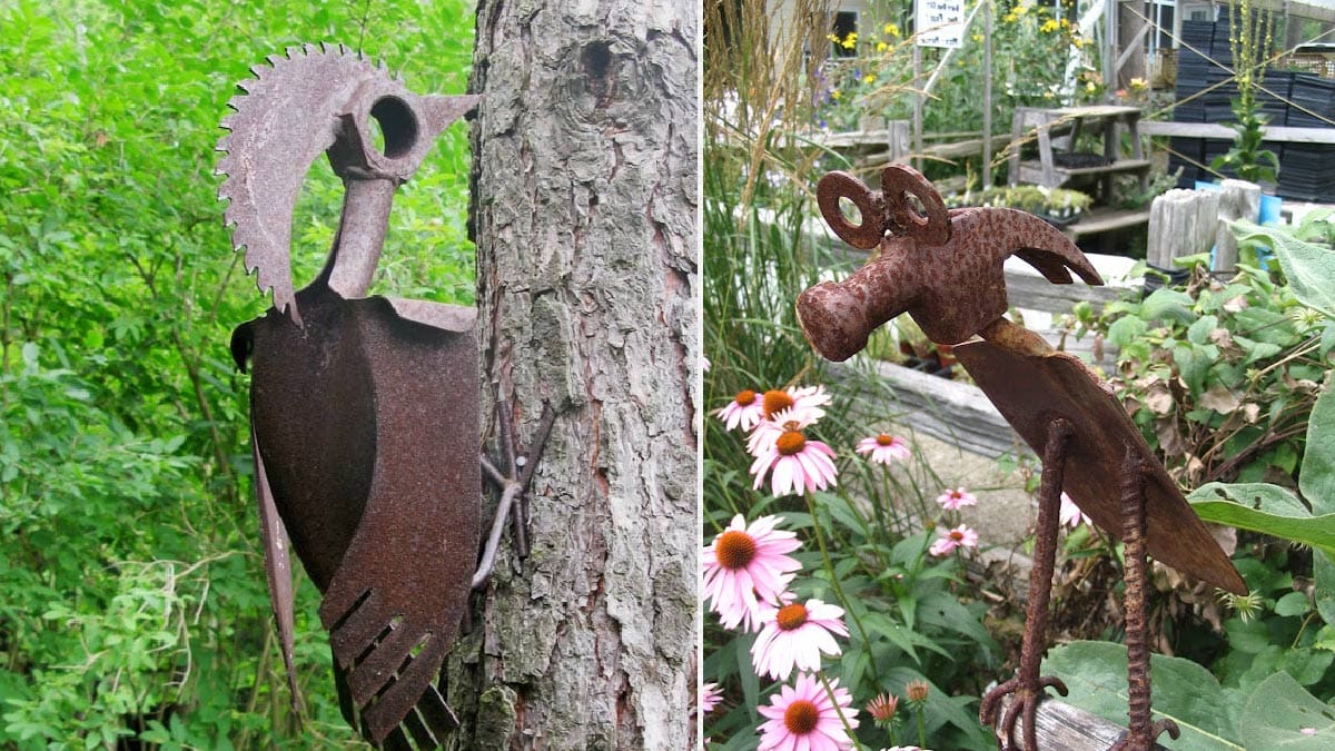 shovel head bird bath succulents