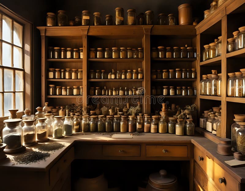 apothecary glass jars various herbs labels