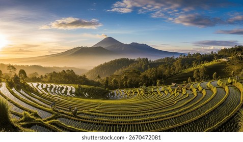 Anika in Tree Pose with rice terraces and golden morning light