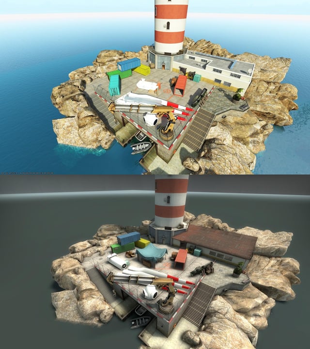 A side-by-side comparison of the Dust2 map in CS:GO (left) showing modern lighting and detailed textures compared to the CS:GO Source version (right) with simpler lighting models and lower resolution textures. Focus on the arches and walls.