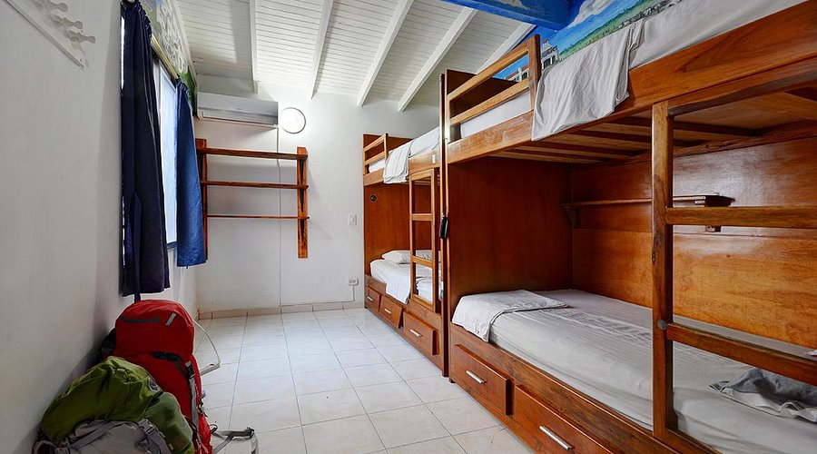 A hostel dorm room with bunk beds and personal lockers