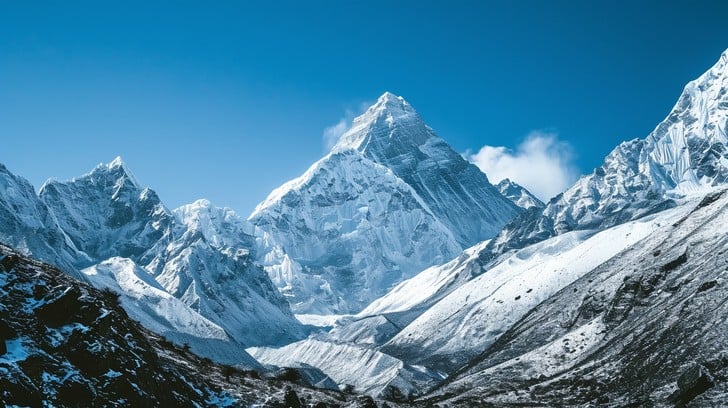 A snowy mountain range at sunset