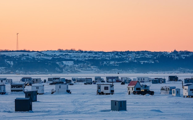 Saguenay Fjord Ice Fishing Village at Dusk
