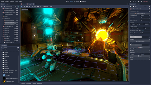 Vibrant, optimistic screenshot of the Godot Engine editor interface, showcasing its node-based system and a complex scene graph. Use a bright, inviting color palette. Focus on the accessibility and user-friendliness of the engine. The background shows concept art for a lush and colorful indie game environment. High resolution, clean lines, professional composition.
