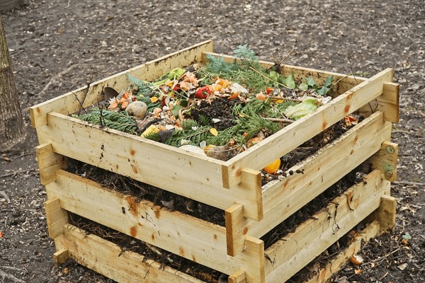 A beautifully styled image of a compost bin surrounded by fall foliage and garden produce.