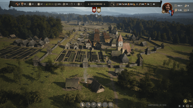 A siege scene in Manor Lords, showing archers firing at enemy units behind fortifications.