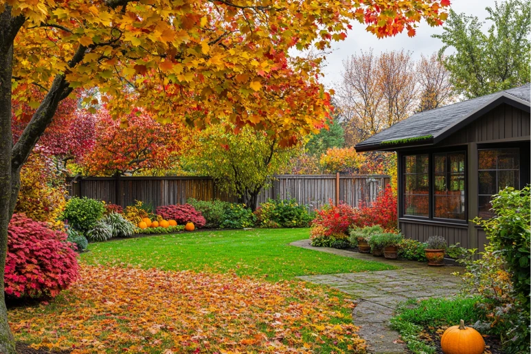 A cozy backyard with outdoor seating, string lights, and fall decorations