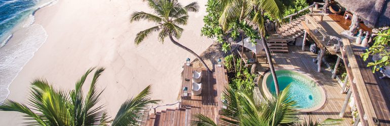 Coco de mer palm trees on North Island Lodge, Seychelles