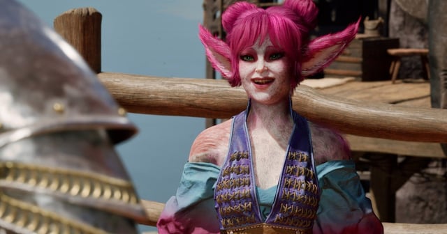 An Avowed character wielding a sword and spell in combat, emphasizing the dual-wielding combat system.