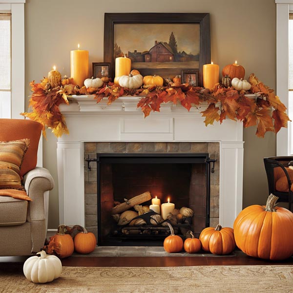 A collection of candles in varying sizes and scents, essential oils, and spices like cinnamon sticks and cloves, showcasing natural scents for creating an inviting autumn atmosphere.