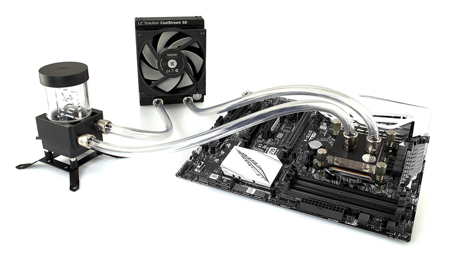 Detailed flat-lay of EKWB custom water-cooling components showcasing their quality and craftsmanship