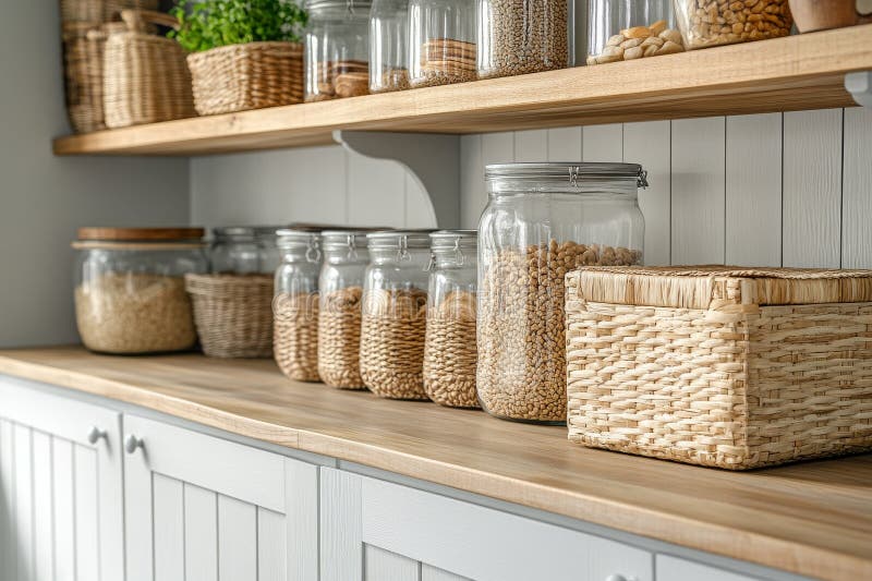 Glass jars and woven baskets used to organize a kitchen pantry