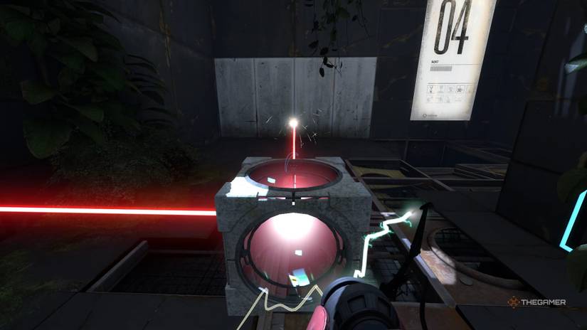A screenshot shows a laser beam being redirected through a portal, bouncing off a cube, and activating a receiver.