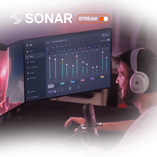 Screenshot of the SteelSeries GG software interface, showcasing the Sonar audio customization options and microphone settings
