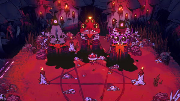 A screenshot of Cult of the Lamb, showcasing its distinct visual style and highlighting its Unity origin.