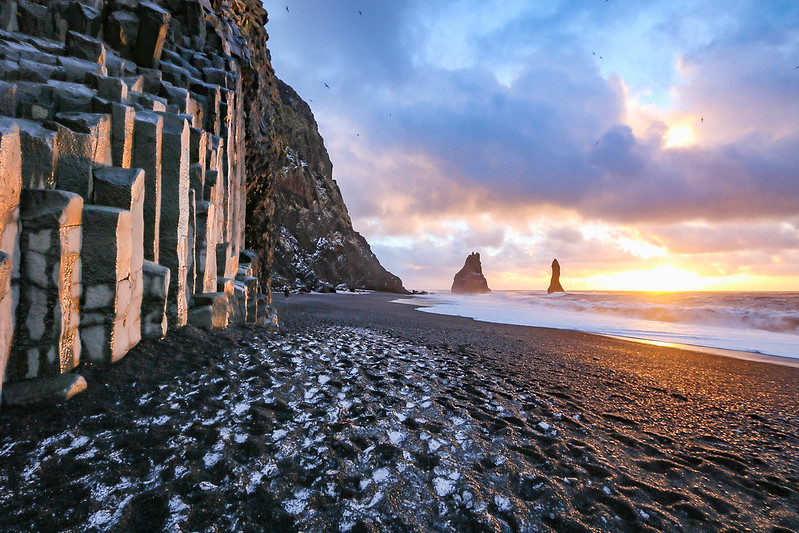 Reynisfjara Beach with Basalt Columns and Sea Stacks