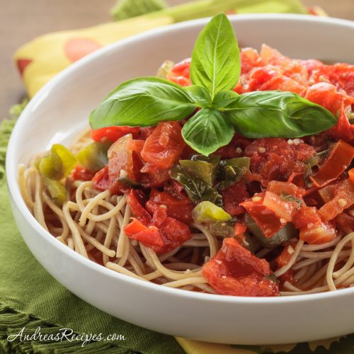 Another visual of tomatoes simmered into pasta sauce