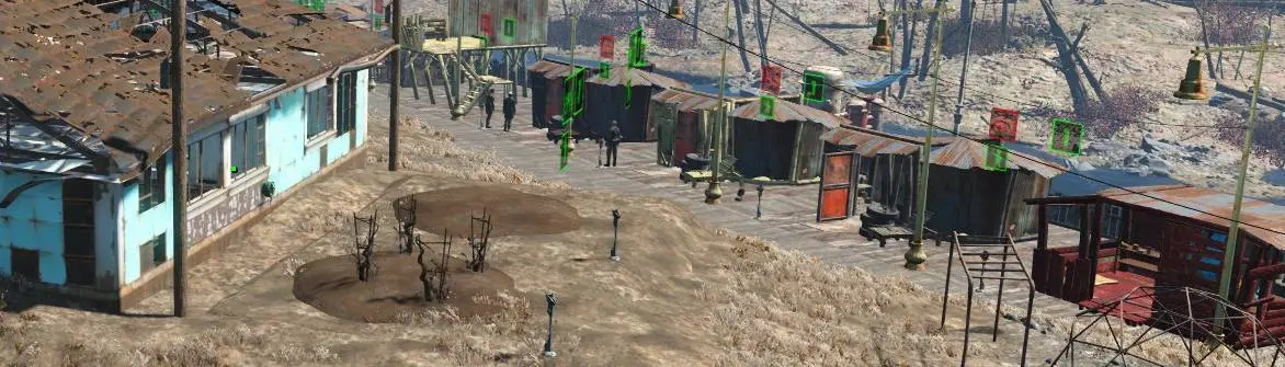 A comparison of a vanilla Fallout 4 settlement (Sanctuary Hills) versus a Sim Settlements 2 settlement.