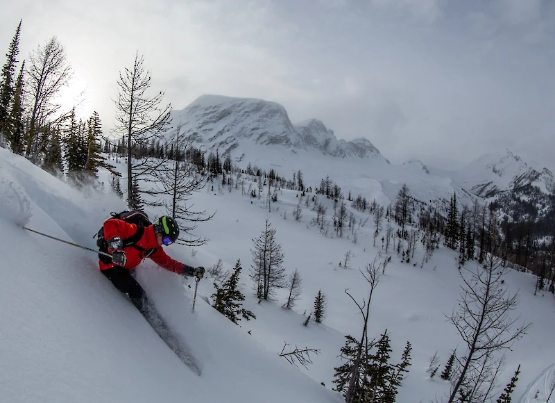 A helicopter dropping skiers onto a vast, powder-covered peak in the Purcell Mountains, taken during golden hour for a warm, inviting light.