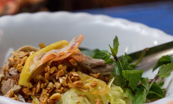 A solo female traveler enjoying a bowl of Pho Ga (chicken pho) outdoors, with a backdrop of lush greenery and bustling Saigon street life.