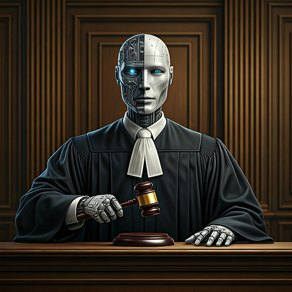 A digitally created image depicting legal documents and an AI chip, symbolizing the intersection of law and artificial intelligence in the art world.