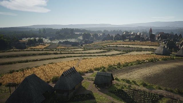 A screenshot capturing a tactical battle in Manor Lords on a rolling, grassy hillside with scattered trees, showcasing the clash of medieval armies – specifically, a line of militia spearmen clashing with a band of attacking raiders. The scene should feature different unit types (spearmen, archers, swordsmen), terrain features, and strategic formations, with the composition emphasizing the visual spectacle, tactical depth, and realistic unit animations of the combat.