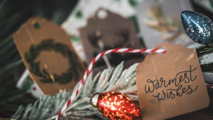 An example of a DIY gift tag that is attached to an item. The tag is labeled with Christmas