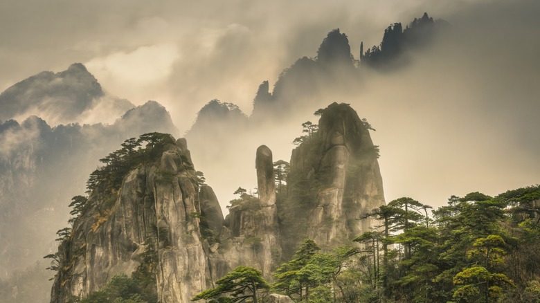 Zhangjiajie's unique rock formations rising through the mist, conveying a sense of scale and otherworldly beauty.