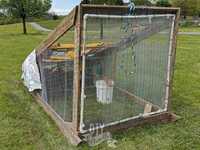 A person building a wooden frame for a chicken tractor