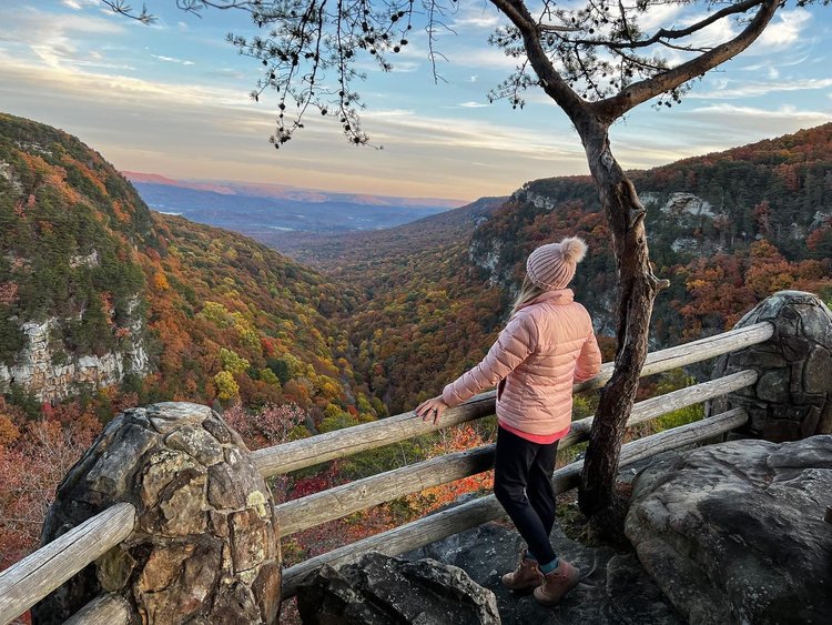 Cloudland Canyon at sunset, with vibrant orange and purple colors painting the canyon walls