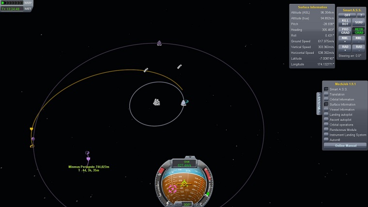 Show an in-flight view of a long-duration mission, with the Kerbalism window open, showing the life support metrics (oxygen, water, food, waste). The crew capsule should be a multi-Kerbal pod, such as a replica of the Apollo command module. Showcase a red warning indicator, along with the specific resource that is low. The spacecraft should be orbiting a distant planet (e.g., Mars).