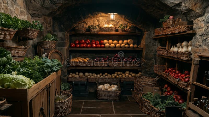Root vegetables like carrots, beets, and potatoes being stored in damp sand within a root cellar.