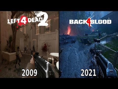 Screenshot of Back 4 Blood implementing an encounter that is almost identical to an encounter from Left 4 Dead 2, perhaps a similar crescendo event or a horde triggered by a specific action, showing the legacy and influence of the Director AI on modern co-op shooters. Focus on similarities in level design and enemy placement.