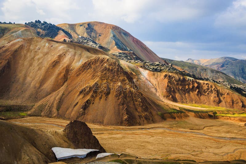 A wide shot of the colorful rhyolite mountains of Landmannalaugar.
