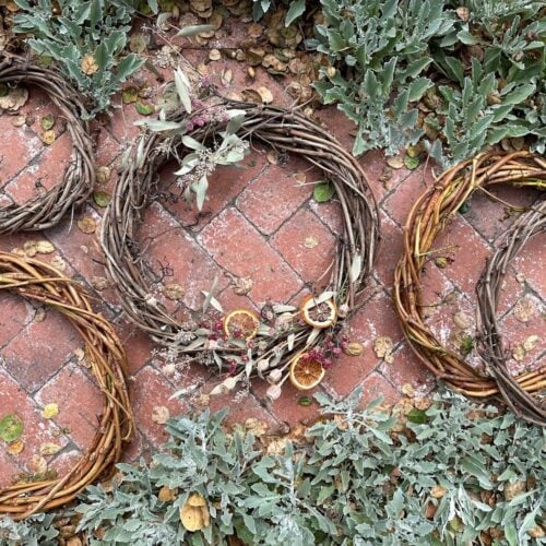 Close-up of hands making an evergreen wreath, attaching branches to a grapevine base