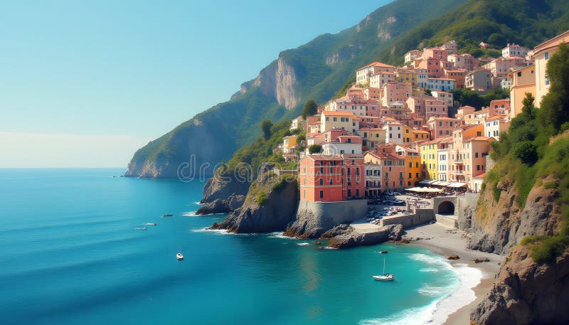 Breathtaking coastal village overlooking serene blue waters stunning nestled lush green hills sparkling