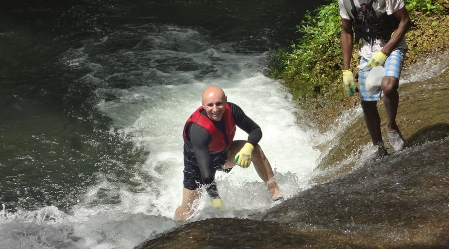 A serene view of a Blue Hole, showcasing the crystal-clear turquoise water surrounded by lush green vegetation and towering trees.