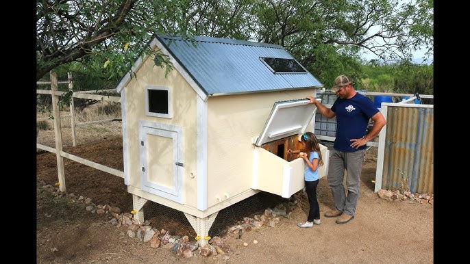 Image of a man building a chicken coop with tools and wood.