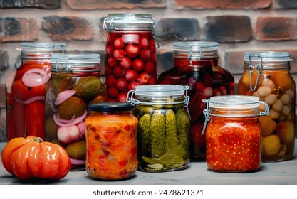 assorted colorful root vegetables fermented jars