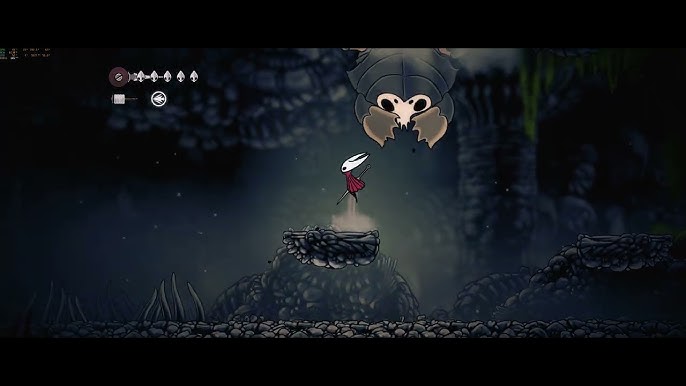 Screenshot showing a detailed character sprite from Hollow Knight: Silksong, set against a background that indicates a lush and vibrant environment. The lighting is soft, which emphasizes the textures and depth of the character's design.