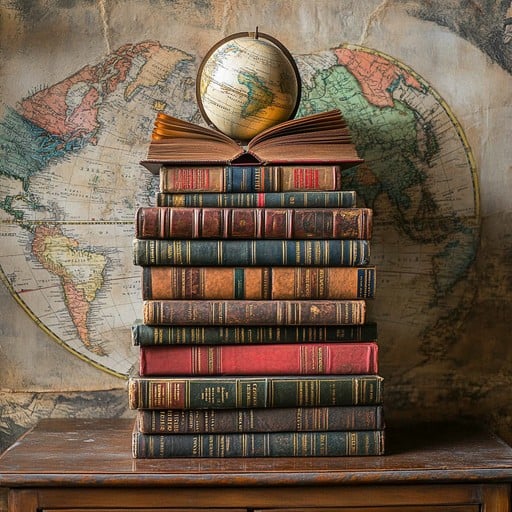 A brass reading lamp casting a warm glow on a stack of books in a cozy reading nook.