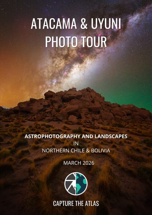 A vibrant image of the Milky Way stretching across the night sky above the Atacama Desert, with silhouetted volcanoes in the foreground. This showcases the stunning astrophotography opportunities available in this location.