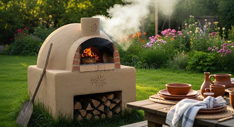 A person uses a pizza peel to remove a pizza from the cob oven. The pizza has charred, crispy edges and melted mozzarella. A blurred background showing the desert landscape