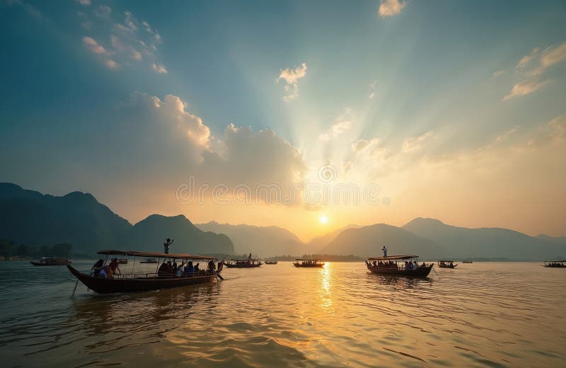 The sun setting over the Mekong River with a longtail boat in the foreground