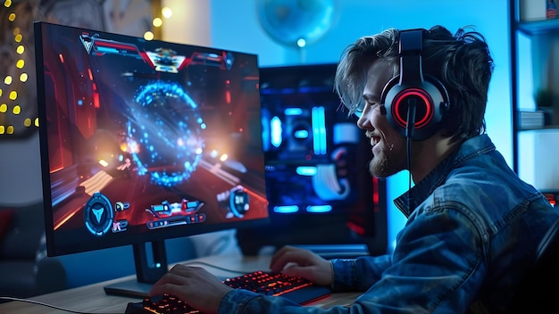 Lifestyle image of gamer playing on a 1440p gaming PC setup with warm lighting