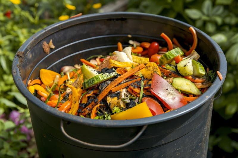 Pile of colorful vegetable scraps, including pumpkin guts, apple cores, and kale stems, ready to be composted