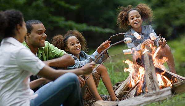 A family sits around a campfire, roasting marshmallows. The scene is warm and inviting, with the glow of the fire illuminating their faces.