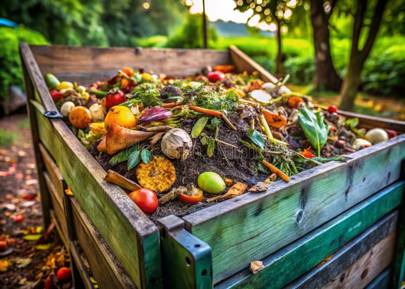 An abundant compost bin overflowing with vegetable scraps and leaves