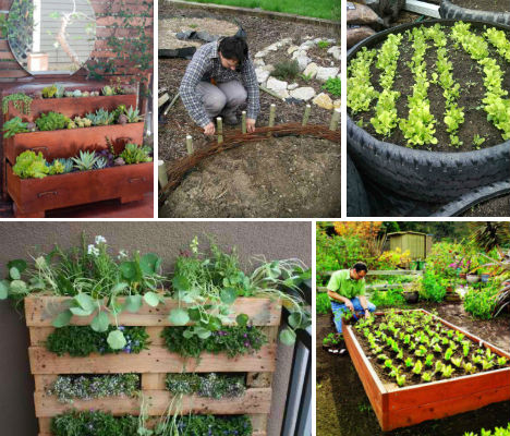 A variety of reclaimed materials that can be used to build a raised garden bed.